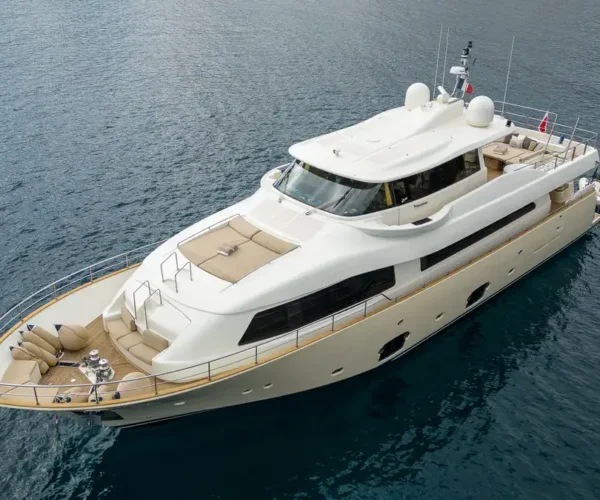Luxurious Ferretti Custom Line Navetta 26 'La Pausa' motor yacht with spacious outdoor deck and modern design.