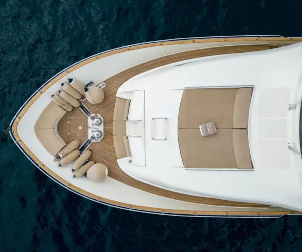 Luxurious yacht exterior of the Ferretti Custom Line Navetta 26 'La Pausa' from an aerial view, for premium yacht brokerage clients.