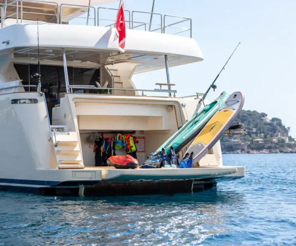 Luxury motor yacht of the Ferretti Custom Line Navetta 26 'La Pausa' with water sports equipment